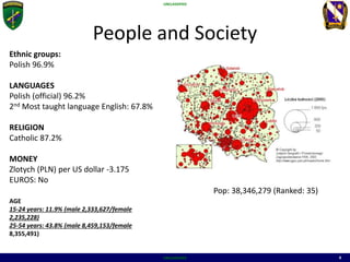 UNCLASSIFIED
UNCLASSIFIED 4
People and Society
Ethnic groups:
Polish 96.9%
LANGUAGES
Polish (official) 96.2%
2nd Most taught language English: 67.8%
RELIGION
Catholic 87.2%
MONEY
Zlotych (PLN) per US dollar -3.175
EUROS: No
AGE
15-24 years: 11.9% (male 2,333,627/female
2,235,228)
25-54 years: 43.8% (male 8,459,153/female
8,355,491)
Pop: 38,346,279 (Ranked: 35)
 