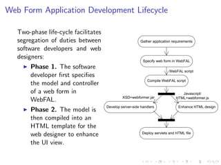 Web Form Application Development Lifecycle

   Two-phase life-cycle facilitates
   segregation of duties between                         Gather application requirements

   software developers and web
   designers:
                                                           Specify web form in WebFAL
        Phase 1. The software
                                                                          WebFAL script
        developer ﬁrst speciﬁes
                                                             Compile WebFAL script
        the model and controller
        of a web form in                                                         Javascript/
                                               XSD+webformer.jar              HTML+webformer.js
        WebFAL.
                                      Develop server-side handlers             Enhance HTML design
        Phase 2. The model is
        then compiled into an
        HTML template for the
                                                          Deploy servlets and HTML file
        web designer to enhance
        the UI view.
 