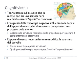 Cognitivismo 
2014 
E-learning per la Pubblica Amministrazione 
11 
Teoria basata sull’assunto che la mente non sia una scatola nera ma debba essere “aperta” e compresa 
I progressi della psicologia cognitiva influenzano le teorie dell’apprendimento, che deve essere compreso come processo della mente 
Ipotesi sulle strutture mentali e sulle procedure per spiegare il comportamento osservabile 
L’apprendimento necessariamente modifica la struttura del cervello 
Come sono fatte queste strutture? 
Quali processi bisogna attivare per favorire l’apprendimento?  