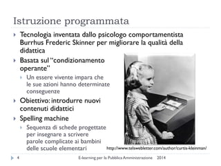 Istruzione programmata 
2014 
E-learning per la Pubblica Amministrazione 
4 
Tecnologia inventata dallo psicologo comportamentista Burrhus Frederic Skinner per migliorare la qualità della didattica 
Basata sul “condizionamento operante” 
Un essere vivente impara che le sue azioni hanno determinate conseguenze 
Obiettivo: introdurre nuovi contenuti didattici 
Spelling machine 
Sequenza di schede progettate per insegnare a scrivere parole complicate ai bambini delle scuole elementari 
http://www.telswebletter.com/author/curtis-kleinman/  