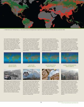 9 devolution: noun the devolving of power by central government
to local or regional administration Oxford Dictionary 2009
mga
The Industrial Revolution begins in the late
18th century, as the Watt steam engine lays
the foundations for the modern industrial
economy. With the development of steel, the
global network expands: Cities grow. Rails
span continents. Steamships crisscross
oceans. Modern finance, operating lines of
credit and the stock market appear. Human
wealth expands. Science-based technologies
accelerate human capacities.
Age of high tech
1960 to 1990 CE
Age of Oil
1900 to 1960 CE
Age of Steam
1820 to 1918 CE
The lighter, more powerful internal-combustion
engine makes autos and airplanes possible.
Oil replaces other fuels as the dominant
energy source. The industrial economy and
the modern corporation create wealth at an
unprecedented scale. Cities add skyscraper
skylines. Radio and television bring global
communication into its own. Jet airplanes
make mass air travel possible. Competing eco-
nomic ideologies, communism and capitalism,
divide the world.
The computer chip radically transforms
information processing and communications,
making truly global management possible and
creating new layers of the global network.
Atomic power, jet engines and communica-
tions collapse time and space and the world
grows smaller. Industrial techniques expand
to agriculture. The “green revolution” improves
diets worldwide. However, as communism
expands an Iron Curtain divides the global
geography and economy.
Steam engines require increasing amounts of
wood and coal. Coal burning produces dev-
astating air pollution in major cities. On some
days, visibility in London shrinks to 6 inches.
Wastes foul entire aquatic environments in
urban areas like Pittsburgh, and Germany’s
Ruhr valley. Rail lines reach into once remote
regions. Extinction rates increase. Passenger
pigeons, Eastern elk disappear. Steam-	
powered machinery reshapes landscapes.
The internal combustion engine replaces the
steam engine. Oil becomes the major fuel.
Petrochemicals become dominant, used in
plastics, dyes, detergents, fertilizers and many
other products that alter ecosystems and
increasingly affect human health. Cars, trucks
and airplanes make multi-city, low-density
metropolitan areas possible. Energy needs
soar. Roads slice regions into increasingly
dysfunctional fragments. The expanded urban
economic network creates air, water and soil
pollution on a regional scale.
The air conditioner, interstate highways and
the commercial jet accelerate urbanization in
inhospitable environments but require more
energy. Industrialized agriculture creates
pollution across vast non-urban landscapes
while depleting water supplies and soil fertility.
Growing GDP and personal wealth, increased
demand for a broader range of products,
depletes resources and increases pollution.
Richer countries make strides in environmental
controls. Polluting industries shift to poorer
nations with fewer regulations.
WalterSiegmund2008
KinseyPhotographer,Black
Dog&Leventhal(NewYork:1978)
DerekJensen2005
Global Hypergrowth
1990 to 2009 CE
Integration of the global network and world
marketplace initiates two decades of soaring
global economic growth. Impacts expand
beyond regions, becoming global. Rising
standards of living accelerate the demand for
food, water, resources and energy, leading to
massive resource extraction, pollution, and
climate change. Roads fragment habitats from
Siberia to Brazil to Congo. The poorest nations
struggle to assure basic health and sanitation,
leading to cycles of deforestation and soil
depletion.
As Communism collapses, the divided global
network reconnects and forms the foundation
for the integration of the global economy. A
new global economic geography appears
based on trading blocs and economic regions,
corporations merge to serve the world mar-
ketplace. Radical innovations in technology
initiate an era of continuous, sweeping change.
Former communist countries and undeveloped
countries develop wealth. Billions join a rapidly
growing global middle class.
MichaelGallis
Left: Global forest cover 10,000 years ago. Right: Red indicates cleared and damaged areas of original forest cover. Nearly half of this destruction has occurred since 1980.
 