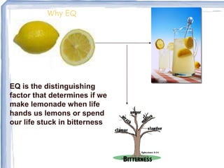Why EQ
EQ is the distinguishing
factor that determines if we
make lemonade when life
hands us lemons or spend
our life stuck in bitterness
 