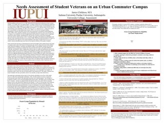 Needs Assessment of Student Veterans on an Urban Commuter Campus
Janice Childress, M.S.
Indiana University Purdue University, Indianapolis
University College, Assessment
Background
With the addition of the post-9/11 G.I. Bill, universities are preparing for admission of more veteran
students. As of 2008, there were approximately 1.8 million veterans who served during the Global War
on Terrorism and college campuses can expect a 20 to 25% increase in their veteran populations in the
near future (Garcia, 2009). All veterans eligible for the post-9/11 G.I. Bill have been on active duty for
at least 90 days since September 10, 2001 (“New Post-9/11 G.I. Bill Overview”). Thirty-four percent
have seen multiple overseas deployments (Garcia, 2009). Even with the increased funding
opportunities, veterans still tend to seek out the lower priced more conveniently located institutions
(Field, 2008). Urban commuter campuses can accommodate these needs for lower out-of-pocket cost
to students. The availability of local job opportunities and the ability to commute can be a significant
attraction for these students. Simultaneously come an array of needs varying from navigating
university policies, federal policies with G.I. benefits, and coping with emotional, psychological, and
physical issues stemming from their service (Garcia 2009). With these needs and statistics in mind, we
researched the issues specific to the veteran population in the hopes of improving service to our
student veterans and addressing issues that are lowering the retention of this group of students.
Some research has been done in determining the needs and strengths of this student group. This group
of students tends to deal with frequent life transitions and a need to change directions when military
orders are given (DiRamio, Ackerman, and Mitchell, 2008). In the academic setting, this can mean
dropping classes to prepare for a deployment, then returning and trying to start again (DiRamio,
Ackerman, and Mitchell, 2008). Combine that with the issues of combat and operational stress (COS)
and post-traumatic stress disorder (PTSD), such as difficulty focusing, confusion, and anxiety, and the
academic setting can become very challenging. Smith-Osborne suggests more specialized and
intensively supported educational programs tailored to veterans (2009), but exactly what should these
programs look like? How as an urban commuter institution should IUPUI address these needs? What
needs are specific to our mostly commuting students who have a tendency to work while attending
college? How many of our students are separated from the armed services and how many are still
serving? How many are in a status that may require them to be deployed again, putting their education
temporarily on hold? The answers to these questions need to be found in order to determine how to
best serve our students.
Participants were invited to attend focus groups based on being identified as a veteran in the
appropriate student group from the IU data warehouse. These students were enrolled in the spring 2011
semester at IUPUI. The student group code was tied to the G.I. benefits the student was receiving. Care
was taken to exclude students receiving benefits because they were a dependent of an eligible vet,
limiting the study to those who had served personally in the armed forces. This study is limited to the
needs of students who have personally served or are currently serving in the armed forces.
Upon agreeing to participate and arriving at a focus group, participants were given a short online
survey to collect basic demographic information. They were then asked a set series of questions
concerning how their military and educational experience was working together , their feelings of
acceptance at IUPUI, issues concerning deployments and IU policy, and finally issues involving using
the G.I. benefits. All data was gathered either through the online survey done with the researcher
present or face-to-face discussions during the focus groups. A total of 6 focus groups were conducted
with the same prescribed set of questions posed at each group for comparison purposes. Data was
recorded electronically and transcribed later to ensure no information was missed. Quantitative data
concerning the entire IUPUI undergraduate veteran population was also analyzed to aid the researcher
in determining what questions might be pertinent to the discussion. Creswell discusses using a
concurrent mixed-methods approach to provide a more comprehensive analysis, allowing both sources
of data to inform on the research problem (Creswell, 2003).
From the pre-focus group survey, data on participants was gathered to provide further insight into
the group. Additional quantitative data on IUPUI’s veteran population is available in the handout
accompanying the poster presentation.
1. Offer continued support for the Office for Veteran & Military Personnel.
2. Consider reporting to schools the participant’s comments concerning credits for
specific courses.
3. Further study into the use of military duty as internship, leadership credits, or
overseas credits.
4. Explore creating a training session for faculty that includes policy on military
deployments and military culture.
5. Explore creating a checklist for deployment readiness concerning a student’s
academic career. Distribute to continuing veteran students via email and new
students at orientation.
6. Consider coding military withdrawals differently on transcripts from other
withdrawals.
7. Consider informing the student of the need to report a deployment even if they do not
need to withdrawal from all classes.
Due to the small number of participants, it is recommended that a survey instrument further
explore the areas highlighted earlier be given to a broad group of student veterans.
Creswell, J. (2003). Research design: Qualitative, quantitative, and mixed methods approaches.
Thousand Oaks, CA: Sage Publications, Inc.
DiRamio, D., Ackerman, R. and Mitchell, R.L. (2008). From combat to campus: Voices of student-
veterans. NASPA Journal, 45, 73-102.
Field, K. (2008, July 25). Cost, convenience drive veterans’ college choices. The Chronicle of
Higher Education, 54, A1-A14.
Garcia, R. (2009, January 1). Veteran center handbook. Retrieved July 12, 2009 from
http://www.studentveterans.org/resourcelibrary/documents/SVA%20- %20Veterans%20Center
%20Handbook.pdf.
New post-9/11 GI bill overview. (2010). Retrieved July 12, 2010 from
http://www.military.com/education/content/gi-bill/new-post-911-gi-bill-overview.html.
Smith-Osborne, A. (2009). Mental health risks and social ecological variables associated with
educational attainment for gulf war veterans: Implications for veterans returning to civilian life.
American Journal of Community Psychology. 44, 327-337.
Very satisfied with the Office for Veteran & Military Personnel
“IUPUI has one of the best Veteran Affairs offices I have ever experienced. Other universities make
students do all the work. Here they help you.”
“VA messed up some things with my funding. IUPUI’s veteran office sorted it out. They went out of their
way to help me.”
Somewhat dissatisfied with IUPUI’s consideration of military transfer credit
“Military schools are intense. You get very little or generic credits for them, which don’t count towards
a degree.”
“The school wouldn’t accept all the credit I received. There are 25-30 wasted credits that don’t apply
towards anything.”
Somewhat dissatisfied with credits provided for military duty performed
during deployments
“Things I’ve done in the military far outweigh what I learn here. I am doing graduate work in the
military. It doesn’t translate well. What you actually learn and what those life experiences equate to
nobody gets but another vet.”
“In my first deployment, I wanted to use what I did as internship hours. I had a lot of problems getting
the army and the school to communicate. I thought this should count for something and it counted for
nothing but life experience.”
“I did 15 months living in Iraq and did cultural training before stepping foot in country .Can IUPUI
learn what we do and give credit? They already give credit for semesters abroad.”
Somewhat dissatisfied with awareness of veteran issues for faculty
“There is a misunderstanding of the word veteran. There is an assumption of dysfunction, not function.
There is a misunderstanding of how people in the military are socialized and educated.”
“I will sit in the back of the room because of a phobia of people coming up behind me. Professors
sometimes want me to move closer but it can make me feel nervous.”
“Professors might want medical waivers for missed classes due to war-related disabilities. I use VA for
health coverage. VA appointments take a few weeks to get you in. There is a walk-in clinic, but the wait
can be longer than 3 hours.”
Somewhat dissatisfied with student veteran and faculty awareness of policies
concerning deployments and benefits
“Bursar, registrar, and students need to know the ins and outs of the process. This element should be part
of their orientation – what to do if they deploy.”
{The financial aspects of military benefits}…” are a bureaucratic nightmare because of the size of the
program. Some students are depending on the monthly housing allowance for their living. They need the
money on the day promised. IUPUI can counsel them when they first inquire into the benefit and make
sure they are aware that the money may be late from time to time. They should be prepared for this.”
Dissatisfied with the policy that assigns a grade of W for a dropped class due to
a military obligation
“I have whole semesters with W’s for every class – 2 or 3 semester’s worth, because of dropping classes
for a deployment. Transcripts look unfairly bad because of these W’s.”
“For undergraduates looking to go to graduate school in the future, all W’s look bad. It is not always
clear that it is due to a deployment.”
Student deployment habits may be unintentionally lowering retention
“When I was deployed, I knew a year in advance and I had just finished a semester. I just didn’t register
for the next semester. Then I returned as a transfer student to another campus.”
Method
Participants
Results
Recommendations
Further Study
References
Not Eligible
55%
Eligible
45%
Focus Group Population by Eligibility
for Future Deployments
8%
8%
17%
67%
0% 10% 20% 30% 40% 50% 60% 70% 80%
Navy
Marines
Air Force
Army
Focus Group Population by Branch
of Service
Navy Marines Air Force Army
Acknowledgements
We wish to acknowledge SGT Winnie Wilson with the IUPUI Office for Veteran and Military Personnel
for her assistance with this study. We would also like to acknowledge Daniel Trujillo and Dr. Michele
Hansen for contributing to the study design.
This is an IRB approved study (IRB #1012004451).
Participants Continued
Participants included 12 current IUPUI students, including 2 graduate students and 10
undergraduate students. 92% (N = 11) were over the age of 25 and 75% (N = 9) were male. 33% (N
= 4) work more than 30 hours a week. 100% live off-campus and 100% are living independently
from their parents. One student did not complete the survey .
 