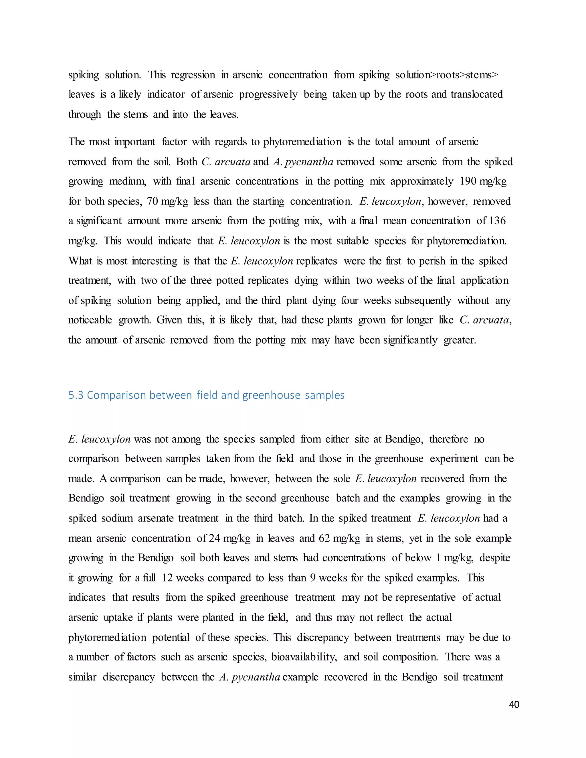 40
spiking solution. This regression in arsenic concentration from spiking solution>roots>stems>
leaves is a likely indicator of arsenic progressively being taken up by the roots and translocated
through the stems and into the leaves.
The most important factor with regards to phytoremediation is the total amount of arsenic
removed from the soil. Both C. arcuata and A. pycnantha removed some arsenic from the spiked
growing medium, with final arsenic concentrations in the potting mix approximately 190 mg/kg
for both species, 70 mg/kg less than the starting concentration. E. leucoxylon, however, removed
a significant amount more arsenic from the potting mix, with a final mean concentration of 136
mg/kg. This would indicate that E. leucoxylon is the most suitable species for phytoremediation.
What is most interesting is that the E. leucoxylon replicates were the first to perish in the spiked
treatment, with two of the three potted replicates dying within two weeks of the final application
of spiking solution being applied, and the third plant dying four weeks subsequently without any
noticeable growth. Given this, it is likely that, had these plants grown for longer like C. arcuata,
the amount of arsenic removed from the potting mix may have been significantly greater.
5.3 Comparison between field and greenhouse samples
E. leucoxylon was not among the species sampled from either site at Bendigo, therefore no
comparison between samples taken from the field and those in the greenhouse experiment can be
made. A comparison can be made, however, between the sole E. leucoxylon recovered from the
Bendigo soil treatment growing in the second greenhouse batch and the examples growing in the
spiked sodium arsenate treatment in the third batch. In the spiked treatment E. leucoxylon had a
mean arsenic concentration of 24 mg/kg in leaves and 62 mg/kg in stems, yet in the sole example
growing in the Bendigo soil both leaves and stems had concentrations of below 1 mg/kg, despite
it growing for a full 12 weeks compared to less than 9 weeks for the spiked examples. This
indicates that results from the spiked greenhouse treatment may not be representative of actual
arsenic uptake if plants were planted in the field, and thus may not reflect the actual
phytoremediation potential of these species. This discrepancy between treatments may be due to
a number of factors such as arsenic species, bioavailability, and soil composition. There was a
similar discrepancy between the A. pycnantha example recovered in the Bendigo soil treatment
 