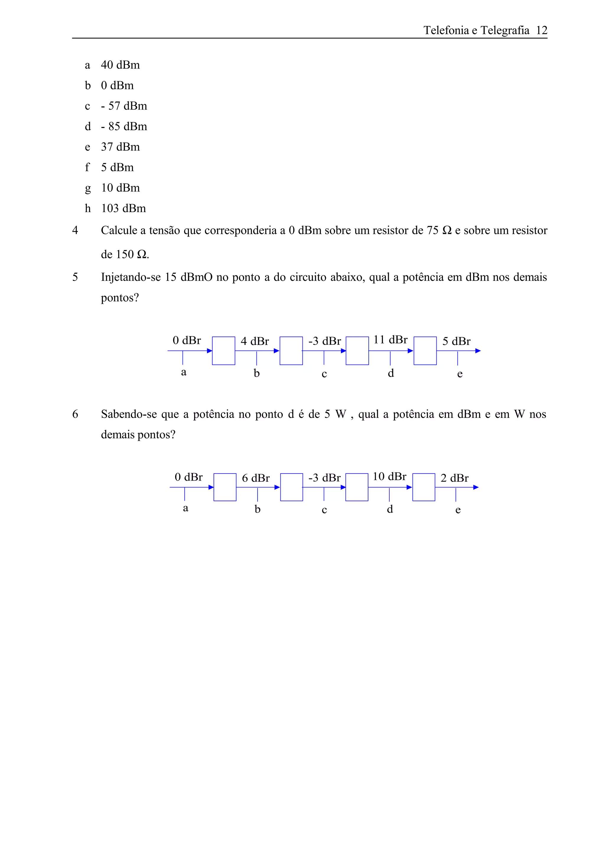 Telefonia e Telegrafia 12
a 40 dBm
b 0 dBm
c - 57 dBm
d - 85 dBm
e 37 dBm
f 5 dBm
g 10 dBm
h 103 dBm
4 Calcule a tensão que corresponderia a 0 dBm sobre um resistor de 75 Ω e sobre um resistor
de 150 Ω.
5 Injetando-se 15 dBmO no ponto a do circuito abaixo, qual a potência em dBm nos demais
pontos?
-3 dBr
a
4 dBr0 dBr 5 dBr11 dBr
b c d e
6 Sabendo-se que a potência no ponto d é de 5 W , qual a potência em dBm e em W nos
demais pontos?
-3 dBr
a
6 dBr0 dBr 2 dBr10 dBr
b c d e
 
