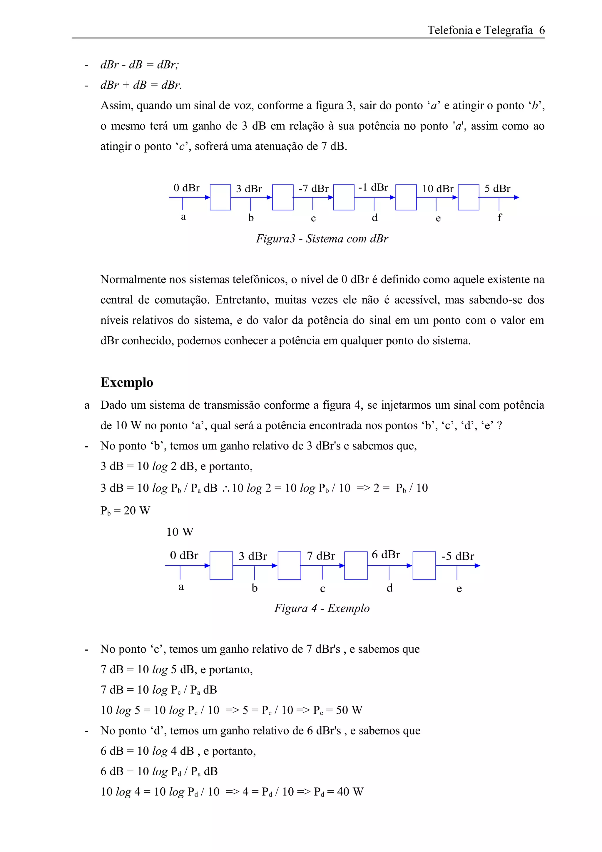 Telefonia e Telegrafia 6
- dBr - dB = dBr;
- dBr + dB = dBr.
Assim, quando um sinal de voz, conforme a figura 3, sair do ponto ‘a’ e atingir o ponto ‘b’,
o mesmo terá um ganho de 3 dB em relação à sua potência no ponto 'a', assim como ao
atingir o ponto ‘c’, sofrerá uma atenuação de 7 dB.
-7 dBr
a
3 dBr0 dBr 5 dBr10 dBr-1 dBr
b c d e f
Figura3 - Sistema com dBr
Normalmente nos sistemas telefônicos, o nível de 0 dBr é definido como aquele existente na
central de comutação. Entretanto, muitas vezes ele não é acessível, mas sabendo-se dos
níveis relativos do sistema, e do valor da potência do sinal em um ponto com o valor em
dBr conhecido, podemos conhecer a potência em qualquer ponto do sistema.
Exemplo
a Dado um sistema de transmissão conforme a figura 4, se injetarmos um sinal com potência
de 10 W no ponto ‘a’, qual será a potência encontrada nos pontos ‘b’, ‘c’, ‘d’, ‘e’ ?
- No ponto ‘b’, temos um ganho relativo de 3 dBr's e sabemos que,
3 dB = 10 log 2 dB, e portanto,
3 dB = 10 log Pb / Pa dB ∴10 log 2 = 10 log Pb / 10 => 2 = Pb / 10
Pb = 20 W
7 dBr
a
3 dBr
10 W
0 dBr -5 dBr6 dBr
b c d e
Figura 4 - Exemplo
- No ponto ‘c’, temos um ganho relativo de 7 dBr's , e sabemos que
7 dB = 10 log 5 dB, e portanto,
7 dB = 10 log Pc / Pa dB
10 log 5 = 10 log Pc / 10 => 5 = Pc / 10 => Pc = 50 W
- No ponto ‘d’, temos um ganho relativo de 6 dBr's , e sabemos que
6 dB = 10 log 4 dB , e portanto,
6 dB = 10 log Pd / Pa dB
10 log 4 = 10 log Pd / 10 => 4 = Pd / 10 => Pd = 40 W
 