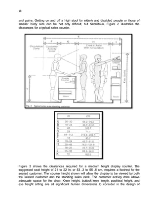18
and pains. Getting on and off a high stool for elderly and disabled people or those of
smaller body size can be not only difficult, but hazardous. Figure 2 illustrates the
clearances for a typical sales counter.
Figure 3 shows the clearances required for a medium height display counter. The
suggested seat height of 21 to 22 in, or 53 .3 to 55 .8 cm, requires a footrest for the
seated customer. The counter height shown will allow the display to be viewed by both
the seated customer and the standing sales clerk. The customer activity zone allows
adequate space for the chair. Knee height, buttock-knee length, popliteal height, and
eye height sitting are all significant human dimensions to consider in the design of
 