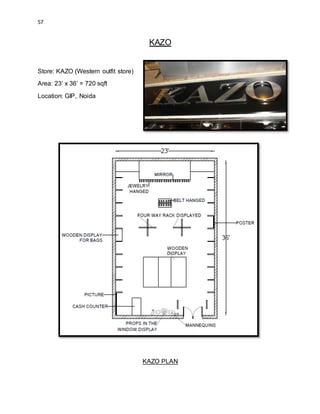 57
KAZO
Store: KAZO (Western outfit store)
Area: 23’ x 36’ = 720 sqft
Location: GIP, Noida
KAZO PLAN
 