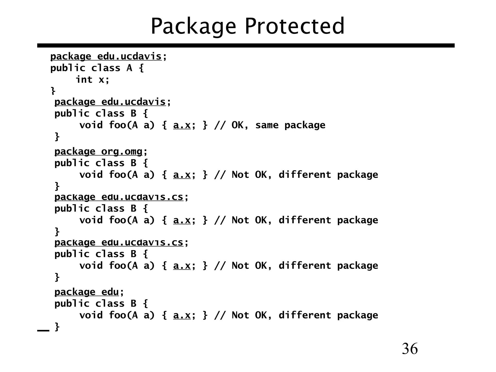36
Package Protected
package edu.ucdavis;
public class A {
int x;
}
package edu.ucdavis;
public class B {
void foo(A a) { a.x; } // OK, same package
}
package edu.ucdavis.cs;
public class B {
void foo(A a) { a.x; } // Not OK, different package
}
package edu;
public class B {
void foo(A a) { a.x; } // Not OK, different package
}
package edu.ucdavis.cs;
public class B {
void foo(A a) { a.x; } // Not OK, different package
}
package org.omg;
public class B {
void foo(A a) { a.x; } // Not OK, different package
}
 