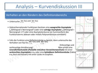 www.vom-mathelehrer.de
www.vom-mathelehrer.de 4
Analysis – Kurvendiskussion III
Verhalten an den Rändern des Definitionsbereichs
• Untersuche:
• Gebrochenrationale Funktionen besitzen eine waagrechte Asymptote
(„Zählergrad ≤ Nennergrad“) oder eine schräge Asymptote („Zählergrad =
Nennergrad +1“) oder eine Asymptotenkurve (an Summenform des
Funktionsterms ablesen oder mittels Polynomdivision ermitteln)
• Falls die Funktion eine Definitionslücke x0 besitzt, dann untersuche das
Verhalten von f(x) für
(linksseitige und
rechtsseitige Annäherung): Man erhält eine
Unendlichkeitsstelle (Polstelle mit/ohne Vorzeichenwechsel) mit einer
senkrechten Asymptote x=x0 oder eine behebbare Definitionslücke (Faktor
x-x0 lässt sich kürzen) mit einer Lücke im Graphen.
lim
x→+∞
f(x) und lim
x→−∞
f(x)
lim
x→
>
x0
f(x) und lim
x→
<
x0
f(x)
f(x) =
1
x − 2
+1
g(x) =
x2
−1
x
h(x) =
x2
−1
x +1
=
(x +1)(x −1)
x +1
= x −1
x = −1 (hebbare Lücke)
 