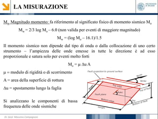 LA MISURAZIONE
Mw Magnitudo momento: fa riferimento al significato fisico di momento sismico Mo
Mw = 2/3 log Mo – 6.0 (non valida per eventi di maggiore magnitudo)
Mw = (log Mo – 16.1)/1.5
Il momento sismico non dipende dal tipo di onda o dalla collocazione di uno certo
strumento – l’ampiezza delle onde emesse in tutte le direzione è ad esso
proporzionale e satura solo per eventi molto forti
Mo = µ ∆u A
µ = modulo di rigidità o di scorrimento
A = area della superficie di rottura
∆u = spostamento lungo la faglia
Si analizzano le componenti di bassa
frequenza delle onde sismiche
Dr. Geol. Massimo Compagnoni
 