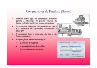 9
Compressores de Parafuso (Screw)
Nenhum outro tipo de compressor mecânico
permite a introdução de grandes volumes de
líquido resfriador dentro do próprio compressor
Encontram-se máquinas padronizadas de 100 a
1000 toneladas de capacidade, funcionando a
3600 rpm
É necessário fazer a separação do óleo e do
fluido refrigerante
A separação se dá em dois estágios:
o primeiro é mecânico
o segundo através de um filtro
(tipo coalescer ou demister)
 