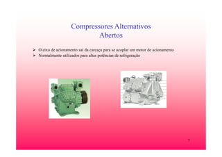 7
Compressores Alternativos
Abertos
O eixo de acionamento sai da carcaça para se acoplar um motor de acionamento
Normalmente utilizados para altas potências de refrigeração
 