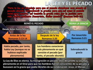 “Pero la ley se introdujo para que el pecado abundase; mas cuando el
pecado abundó, sobreabundó la gracia; para que así como el pecado
reinó para muerte, así también la gracia reine por la justicia para
vida eterna mediante Jesucristo, Señor nuestro” (Romanos 5:20-21)
Antes de la ley
Romanos 5:13-14
Después de la ley
Romanos 5:20
Desde Adán hasta Moisés
Había pecado, por tanto,
había Ley (aunque no se
hubiese explicado
plenamente)
Desde Moisés hasta el fin
del pecado
Los hombres conocieron
más plenamente en qué
consiste el pecado (por
tanto, el pecado abundó)
Por Jesucristo
Romanos 5:21
Sobreabundó la
gracia
REINÓ EL PECADO REINA LA GRACIA
La Ley de Dios es eterna. Su transgresión es pecado. Dios desarrolló su Ley más
plenamente en el Sinaí para que los hombres fueran conscientes de su pecado, y
buscasen así la gracia que podía librarles de su condenación: Jesús, el Mesías.
 
