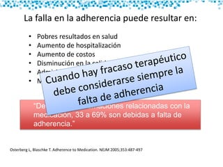 La falla en la adherencia puede resultar en:
• Pobres resultados en salud
• Aumento de hospitalización
• Aumento de costos
• Disminución en la calidad de vida
• Admisiones en centros de tercer nivel
• Muerte
“De todas las internaciones relacionadas con la
medicación, 33 a 69% son debidas a falta de
adherencia.”
Osterberg L, Blaschke T. Adherence to Medication. NEJM 2005;353:487-497
 