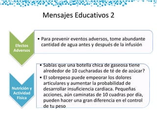 Mensajes Educativos 2
Efectos
Adversos
• Para prevenir eventos adversos, tome abundante
cantidad de agua antes y después de la infusión
Nutrición y
Actividad
Física
• Sabías que una botella chica de gaseosa tiene
alrededor de 10 cucharadas de té de de azúcar?
• El sobrepeso puede empeorar los dolores
articulares y aumentar la probabilidad de
desarrollar insuficiencia cardiaca. Pequeñas
acciones, aún caminatas de 10 cuadras por día,
pueden hacer una gran diferencia en el control
de tu peso
 