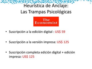 Heurística de Anclaje:
Las Trampas Psicológicas
• Suscripción a la edición digital : US$ 59
• Suscripción a la versión impresa: US$ 125
• Suscripción completa edición digital + edición
impresa: US$ 125
 