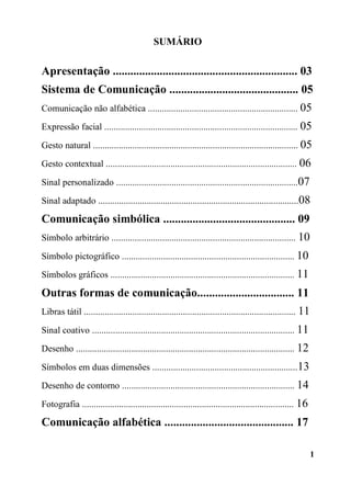 1
SUMÁRIO
Apresentação ............................................................... 03
Sistema de Comunicação ............................................ 05
Comunicação não alfabética ................................................................. 05
Expressão facial .................................................................................... 05
Gesto natural ......................................................................................... 05
Gesto contextual ................................................................................... 06
Sinal personalizado ...............................................................................07
Sinal adaptado .......................................................................................08
Comunicação simbólica ............................................. 09
Símbolo arbitrário ................................................................................ 10
Símbolo pictográfico ........................................................................... 10
Símbolos gráficos ................................................................................ 11
Outras formas de comunicação................................. 11
Libras tátil ............................................................................................ 11
Sinal coativo ........................................................................................ 11
Desenho ............................................................................................... 12
Símbolos em duas dimensões ...............................................................13
Desenho de contorno ........................................................................... 14
Fotografia ............................................................................................ 16
Comunicação alfabética ............................................ 17
 