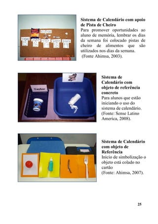 25
Sistema de Calendário com apoio
de Pista de Cheiro
Para promover oportunidades ao
aluno de memória, lembrar os dias
da semana foi colocado pistas de
cheiro de alimentos que são
utilizados nos dias da semana.
(Fonte Ahimsa, 2003).
Sistema de
Calendário com
objeto de referência
concreto
Para alunos que estão
iniciando o uso do
sistema de calendário.
(Fonte: Sense Latino
America, 2008).
Sistema de Calendário
com objeto de
Referência
Inicio de simbolização o
objeto está colado no
cartão
(Fonte: Ahimsa, 2007).
 