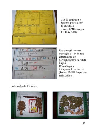 33
Adaptação de Histórias
Uso do contraste e
desenho pra registro
da atividade
(Fonte: EMEE Angra
dos Reis, 2008).
Uso do registro com
marcação colorida para
estruturação do
português como segunda
língua.
Desenho para
interpretação da escrita.
(Fonte: EMEE Angra dos
Reis, 2008)
 