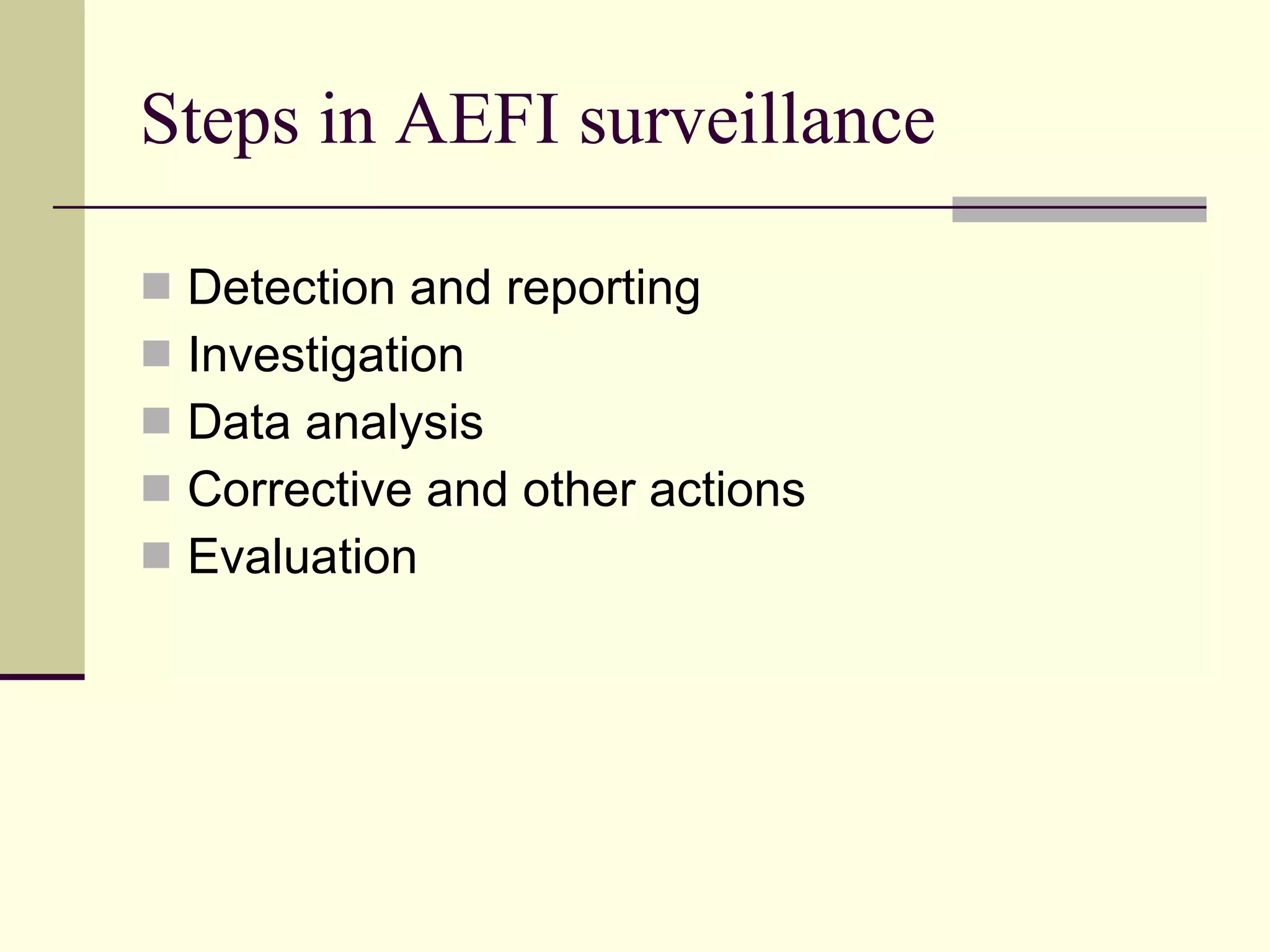 Steps in AEFI surveillance Detection and reporting Investigation Data analysis Corrective and other actions Evaluation 