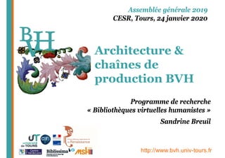http://www.bvh.univ-tours.fr
Architecture &
chaînes de
production BVH
Assemblée générale 2019
CESR, Tours, 24 janvier 2020
Sandrine Breuil
Programme de recherche
« Bibliothèques virtuelles humanistes »
 
