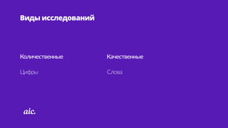 Виды исследований
Количественные Качественные
Цифры Слова
 
