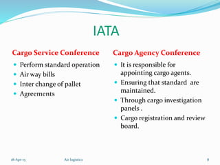 IATA
Cargo Service Conference Cargo Agency Conference
 Perform standard operation
 Air way bills
 Inter change of pallet
 Agreements
 It is responsible for
appointing cargo agents.
 Ensuring that standard are
maintained.
 Through cargo investigation
panels .
 Cargo registration and review
board.
18-Apr-15 8Air logistics
 