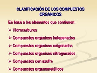 CLASIFICACIÓN DE LOS COMPUESTOS
               ORGÁNICOS
En base a los elementos que contienen:
 Hidrocarburos
 Compuestos orgánicos halogenados
 Compuestos orgánicos oxigenados
 Compuestos orgánicos nitrogenados
 Compuestos con azufre
 Compuestos organometálicos
 