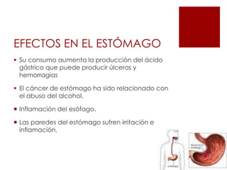 EFECTOS EN EL CORAZÓNEl alcohol en dosis altas eleva la presión sanguínea y produce daño al músculo cardíaco.En algunos casos provoca miocarditis Debilita la musculatura cardíaca y por tanto, la capacidad para bombear sangre 