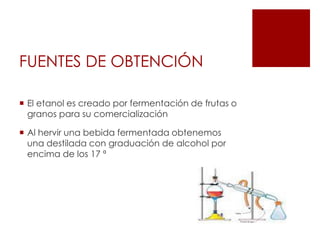 FUENTES DE OBTENCIÓNEl etanol es creado por fermentación de frutas o granos para su comercializaciónAl hervir una bebida fermentada obtenemos una destilada con graduación de alcohol por encima de los 17 ª 