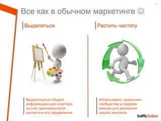 12
Выделяться из общего
информационного клаттера
за счет оригинальности
контента и его оформления
Выделяться Растить частоту
Все как в обычном маркетинге 
Использовать «внешние»
сообщества и лидеров
мнения для донесения
нашего контента
 