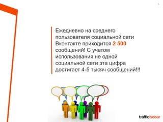 6
Ежедневно на среднего
пользователя социальной сети
Вконтакте приходится 2 500
сообщений! С учетом
использования не одной
социальной сети эта цифра
достигает 4-5 тысяч сообщений!!!
 