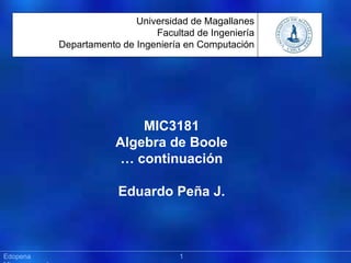 [ Sistemas Operativos ] Präsentation MIC3181 Algebra de Boole …  continuación Eduardo Peña J. Edopena    Microprocesadores Universidad de Magallanes Facultad de Ingeniería Departamento de Ingeniería en Computación 