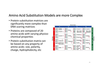 Amino Acid Substitution Models are more Complex
28
• Protein substitution matrices are
significantly more complex than
DNA scoring matrices
• Proteins are composed of 20
amino acids with varying physico-
chemical properties
• Protein substitution matrix can
be based on any property of
amino acids: size, polarity,
charge, hydrophobicity, etc
 