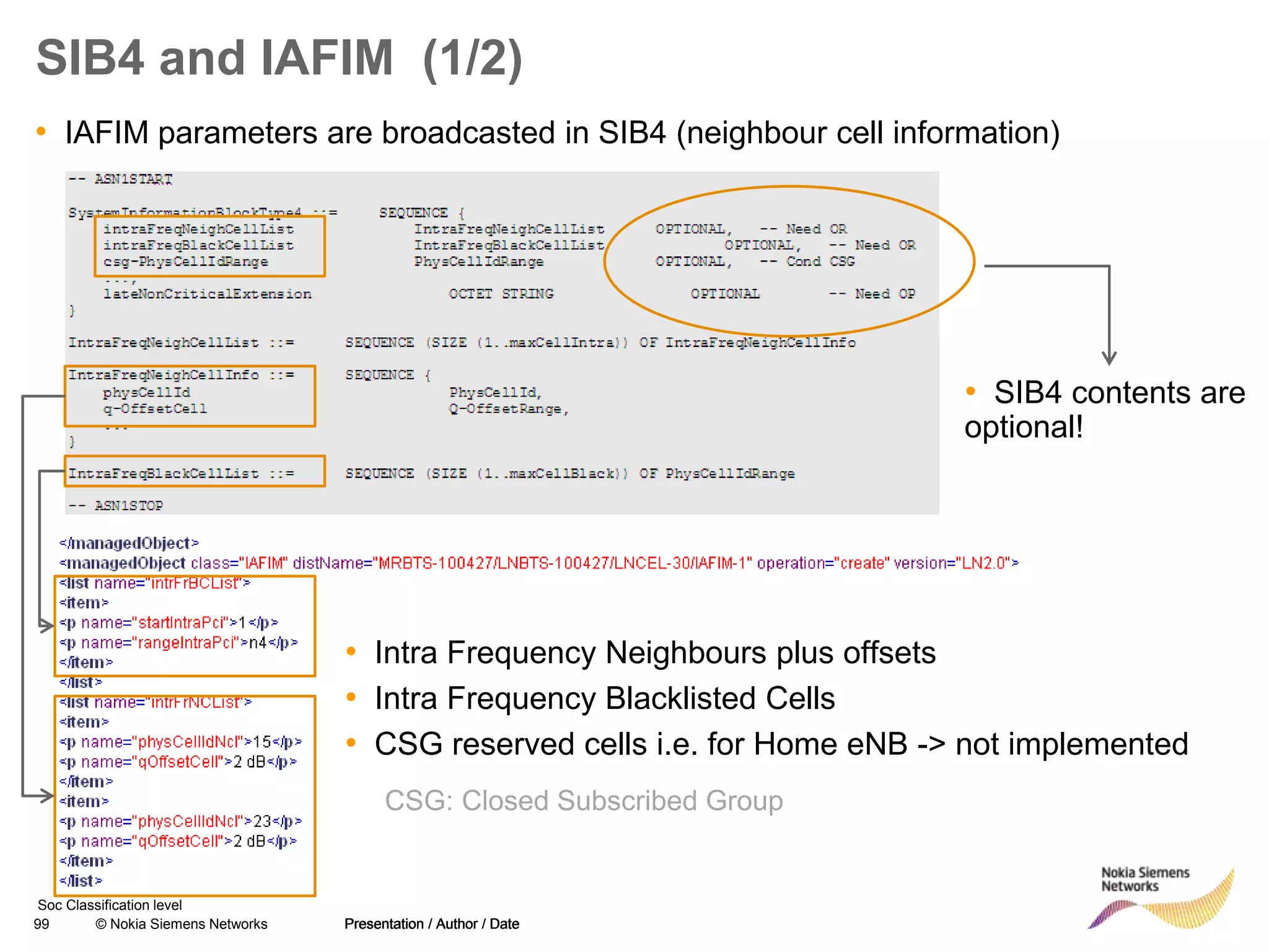99 © Nokia Siemens Networks Presentation / Author / Date
Soc Classification level
SIB4 and IAFIM (1/2)
• IAFIM parameters are broadcasted in SIB4 (neighbour cell information)
Presentation / Author / Date
• SIB4 contents are
optional!
• Intra Frequency Neighbours plus offsets
• Intra Frequency Blacklisted Cells
• CSG reserved cells i.e. for Home eNB -> not implemented
CSG: Closed Subscribed Group
 