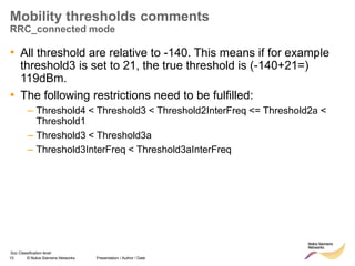 10 © Nokia Siemens Networks Presentation / Author / Date
Soc Classification level
Mobility thresholds comments
RRC_connected mode
• All threshold are relative to -140. This means if for example
threshold3 is set to 21, the true threshold is (-140+21=)
119dBm.
• The following restrictions need to be fulfilled:
– Threshold4 < Threshold3 < Threshold2InterFreq <= Threshold2a <
Threshold1
– Threshold3 < Threshold3a
– Threshold3InterFreq < Threshold3aInterFreq
 