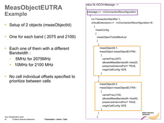 16 © Nokia Siemens Networks Presentation / Author / Date
Soc Classification level
MeasObjectEUTRA
Example
value DL-DCCH-Message ::=
{
message c1 : rrcConnectionReconfiguration :
{
rrc-TransactionIdentifier 1,
criticalExtensions c1 : rrcConnectionReconfiguration-r8 :
{
measConfig
{
measObjectToAddModList
{
{
measObjectId 1,
measObject measObjectEUTRA :
{
carrierFreq 2075,
allowedMeasBandwidth mbw25,
presenceAntennaPort1 TRUE,
neighCellConfig '00'B
}
},
{
measObjectId 2,
measObject measObjectEUTRA :
{
carrierFreq 2100,
allowedMeasBandwidth mbw50,
presenceAntennaPort1 TRUE,
neighCellConfig '00'B
}
}
},
• Setup of 2 objects (measObjectId)
• One for each band ( 2075 and 2100)
• Each one of them with a different
Bandwidth :
• 5MHz for 2075MHz
• 10MHz for 2100 MHz
• No cell individual offsets specified to
prioritize between cells
Presentation / Author / Date
 