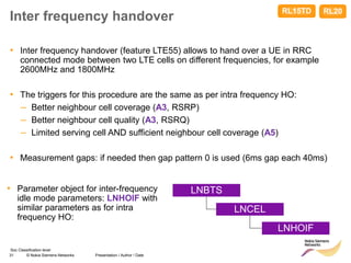 31 © Nokia Siemens Networks Presentation / Author / Date
Soc Classification level
Inter frequency handover
• Inter frequency handover (feature LTE55) allows to hand over a UE in RRC
connected mode between two LTE cells on different frequencies, for example
2600MHz and 1800MHz
• The triggers for this procedure are the same as per intra frequency HO:
– Better neighbour cell coverage (A3, RSRP)
– Better neighbour cell quality (A3, RSRQ)
– Limited serving cell AND sufficient neighbour cell coverage (A5)
• Measurement gaps: if needed then gap pattern 0 is used (6ms gap each 40ms)
LNBTS
LNCEL
LNHOIF
• Parameter object for inter-frequency
idle mode parameters: LNHOIF with
similar parameters as for intra
frequency HO:
RL20
RL15TD
 