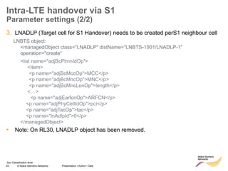45 © Nokia Siemens Networks Presentation / Author / Date
Soc Classification level
Intra-LTE handover via S1
Parameter settings (2/2)
3. LNADLP (Target cell for S1 Handover) needs to be created perS1 neighbour cell
LNBTS object:
<managedObject class="LNADLP" distName="LNBTS-1001/LNADLP-1"
operation="create“
<list name="adjBcPlmnIdOp">
<item>
<p name="adjBcMccOp">MCC</p>
<p name="adjBcMncOp">MNC</p>
<p name="adjBcMncLenOp">length</p>
<…>
<p name="adjEarfcnOp">ARFCN</p>
<p name="adjPhyCellIdOp">pci</p>
<p name="adjTacOp">tac</p>
<p name="lnAdlpId">0</p>
</managedObject>
• Note: On RL30, LNADLP object has been removed.
 