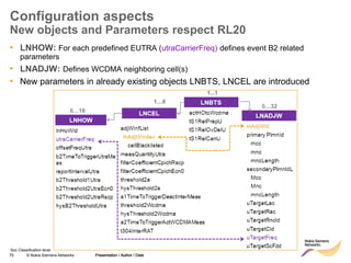 70 © Nokia Siemens Networks Presentation / Author / Date
Soc Classification level
Configuration aspects
New objects and Parameters respect RL20
Presentation / Author / Date
• LNHOW: For each predefined EUTRA (utraCarrierFreq) defines event B2 related
parameters
• LNADJW: Defines WCDMA neighboring cell(s)
• New parameters in already existing objects LNBTS, LNCEL are introduced
 
