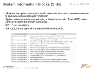 90 © Nokia Siemens Networks Presentation / Author / Date
Soc Classification level
System Information Blocks (SIBs)
• UE reads the system information within Idle mode to acquire parameters needed
to complete cell selection and reselection
• System information is broadcast using a Master Information Block (MIB) and a
series or System Information Blocks(SIB)
• SIB1..3 are mandatory
• SIB 4,5,6,7,8 are optional and are defined within LNCEL
Presentation / Author / Date
More info: TS36.331
 