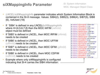 91 © Nokia Siemens Networks Presentation / Author / Date
Soc Classification level
siXMappingInfo Parameter
• LNCEL/siXMappingInfo parameter indicates which System Information Block is
contained in the SI-X message. Values: SIB4(2), SIB5(3), SIB6(4), SIB7(5), SIB8
(6), notUsed (18)
Presentation / Author / Date
SI: System Information
MOC: Managed Object Class
• If ‘SIB4’ is defined in any LNCEL/siXMappingInfo
where X={4,5,6,7,8} then the MOC IAFIM (iafimId)
object must be defined
• If 'SIB5' is defined in LNCEL, then MOC IRFIM (irfimId)
needs to be created
• If 'SIB6' is defined in LNCEL, then MOC UFFIM
(uffimId) needs to be created
• If 'SIB7‘ is defined in LNCEL, then MOC GFIM (gfimId)
needs to be created
• If 'SIB8‘ is defined in LNCEL, them MOC CDFIM
(cdfimId) needs to be created
• Example where only si4MappingInfo is configured
indicating that SI-4 carries the SIB4 information:
 