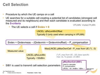 93 © Nokia Siemens Networks Presentation / Author / Date
Soc Classification level
Cell Selection
• Procedure by which the UE camps on a cell
• UE searches for a suitable cell creating a potential list of candidates (strongest cell
measured and its neighbours) and then each candidate is evaluated according to
the S-criteria
• The UE selects a cell if Srxlev > 0
• SIB1 is used to transmit cell selection parameters
Presentation / Author / Date
LNCEL: qRxLevMinOffset
Typically 0 (only used when camping in VPLMN)
VPLMN: Visited PLMN
Max(LNCEL:pMaxOwnCell - P_max from UE (*) , 0)
Srxlev = Qrxlevmeas – (Qrxlevmin + Qrxlevminoffset) – P_compensation
Measured value
LNCEL:qRxLevMin
Typically -130dBm
(*) P_max from UE : UE class specific
max. UL Tx power; 23 dBm
pMaxOwnCell (SIB1)
Used to calculate
P_compensation
LNCEL; -30..34dBm; 1dBm; -
 