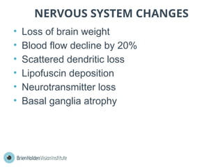 NERVOUS SYSTEM CHANGES
• Loss of brain weight
• Blood flow decline by 20%
• Scattered dendritic loss
• Lipofuscin deposition
• Neurotransmitter loss
• Basal ganglia atrophy
 
