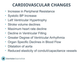 CARDIOVASCULAR CHANGES
• Increase in Peripheral Resistance
• Systolic BP Increase
• Left Ventricular Hypertrophy
• Stroke volume declines
• Maximum heart rate decline
• Decline in Ventricular Filling
• Greater Degree of Ventricular Arrhythmia
• Organ Specific Declines in Blood Flow
• Dilatation of aorta
• Reduced elasticity of conduit/capacitance vessels
 