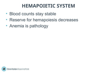 HEMAPOIETIC SYSTEM
• Blood counts stay stable
• Reserve for hemapoiesis decreases
• Anemia is pathology
 
