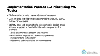 • Challenges to capacity, preparedness and response
• Gaps in roles and responsibilities; Member States, DG ECHO,
DG SANTE and WHO
• Identify legal and organizational issues in cross-border, cross
sectoral response to health threats and emergencies, for
example:
– Issues on authorization of health care personnel
– Health systems response and cooperation – procedures,
management and confidentiality
– Predictability on financial issues and reimbursement
Implementation Process 5.2 Prioritising WS
Topics
 