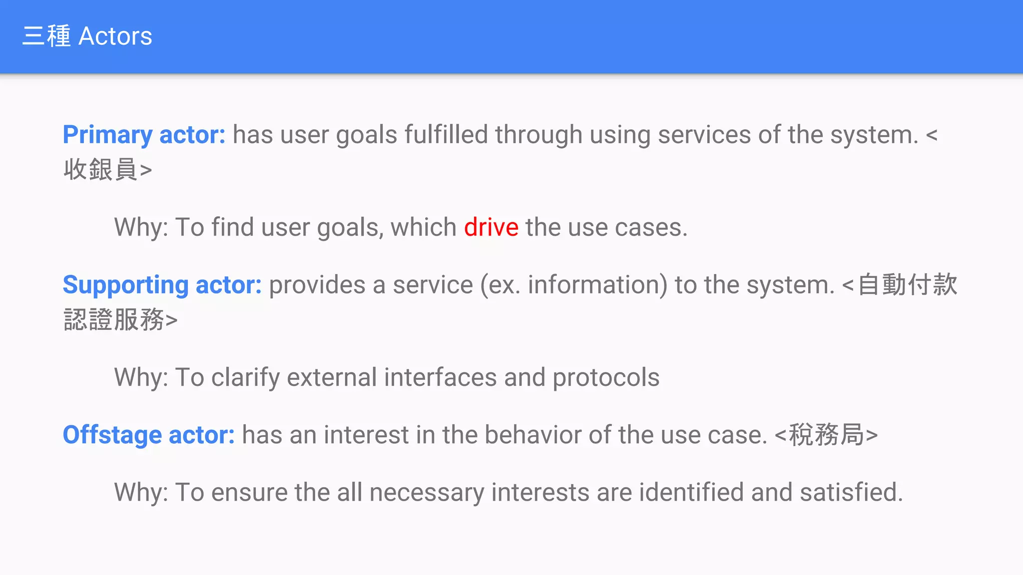 三種 Actors
Primary actor: has user goals fulfilled through using services of the system. <
收銀員>
Why: To find user goals, which drive the use cases.
Supporting actor: provides a service (ex. information) to the system. <自動付款
認證服務>
Why: To clarify external interfaces and protocols
Offstage actor: has an interest in the behavior of the use case. <稅務局>
Why: To ensure the all necessary interests are identified and satisfied.
 