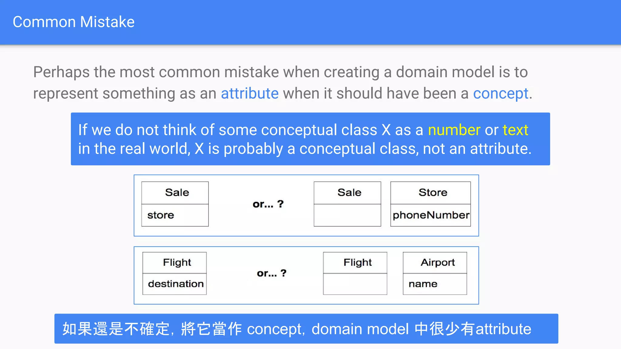 Common Mistake
Perhaps the most common mistake when creating a domain model is to
represent something as an attribute when it should have been a concept.
If we do not think of some conceptual class X as a number or text
in the real world, X is probably a conceptual class, not an attribute.
如果還是不確定，將它當作 concept，domain model 中很少有attribute
 